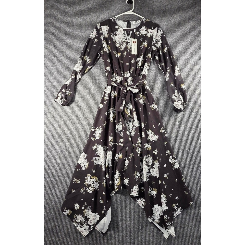 Kate Kasin Brown Floral Long Sleeve Asymmetrical Midi Dress Small NWT